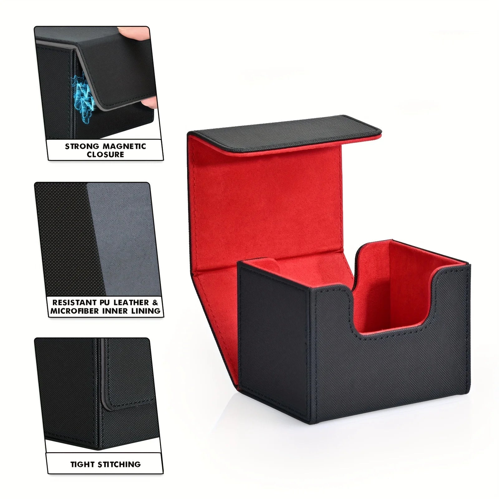 Card Deck Box , Card Storage Box Fits 100 single  Sleeved Cards, PU Leather Strong Magnet Card Deck Case for TCG Cards